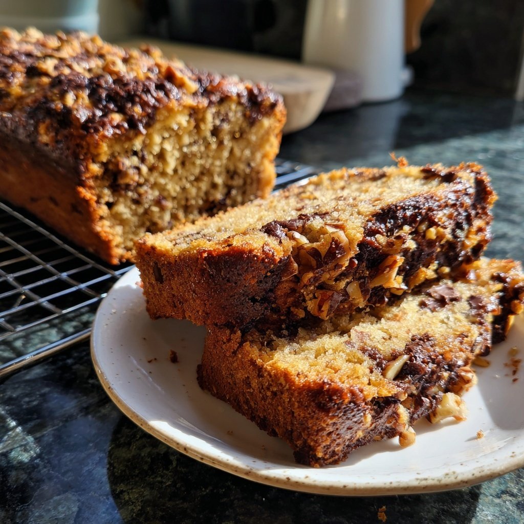 Bananenkuchen mit Zartbitterschokolade und Nüssen