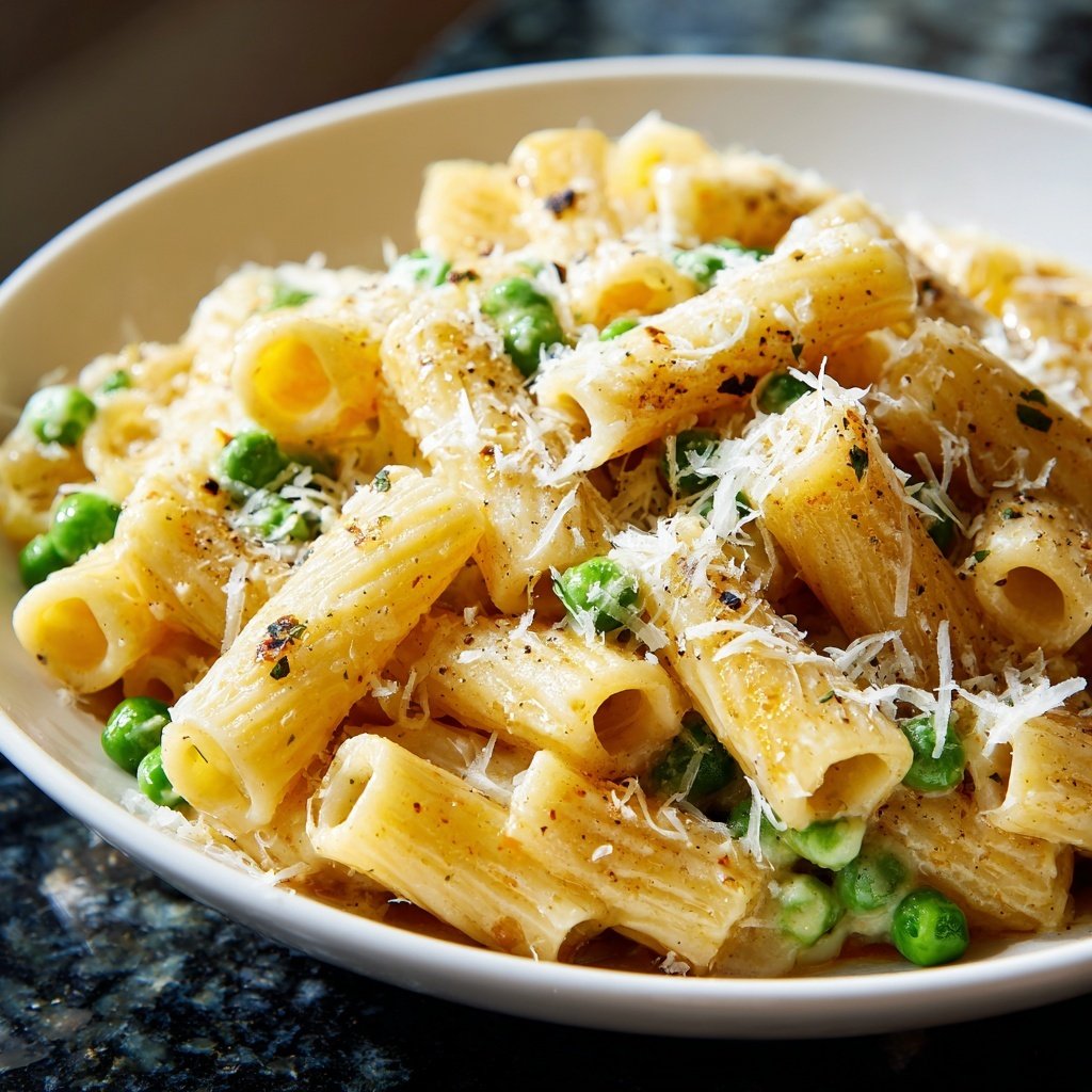 Rigatoni mit Erbsen und Parmesan