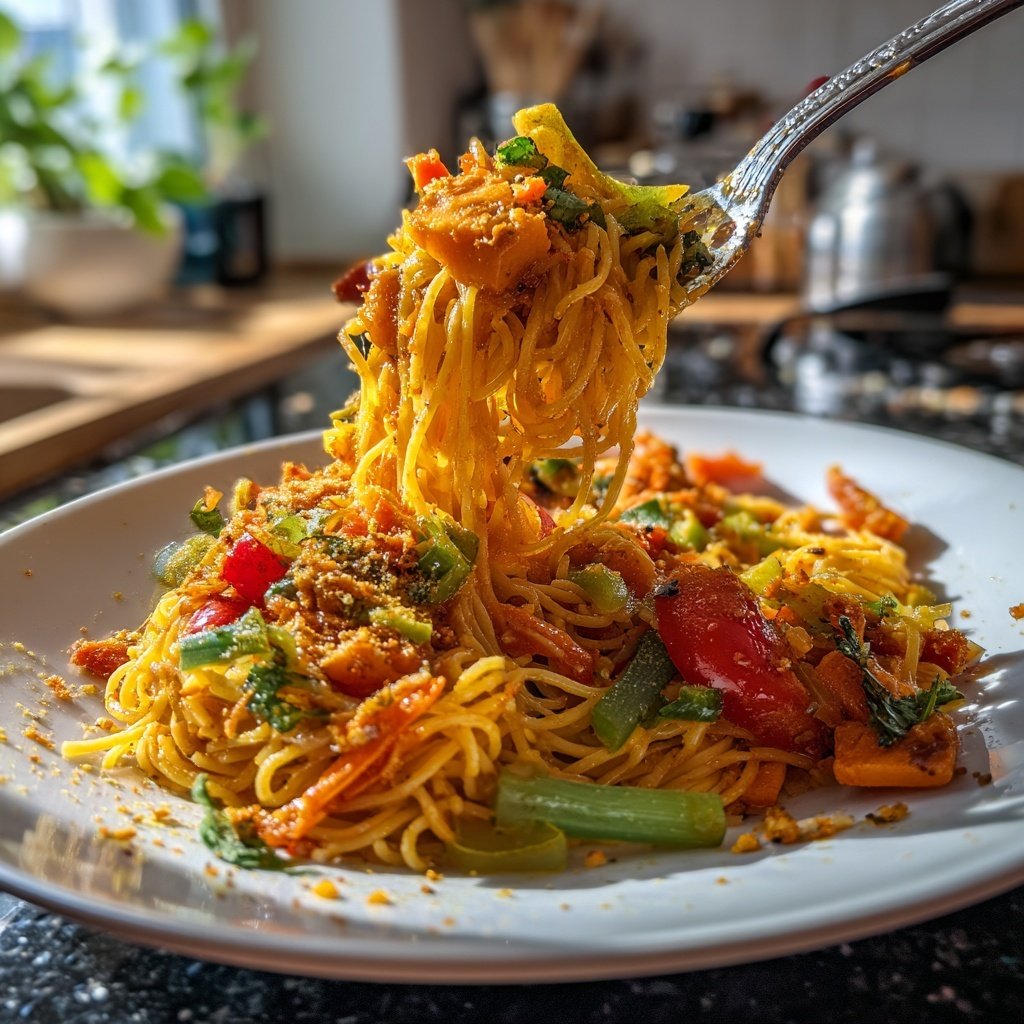 Mittagessen mit Gemüse und Nudeln
