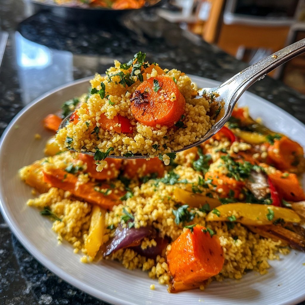 Mittagessen mit Bulgur und Ofengemüse