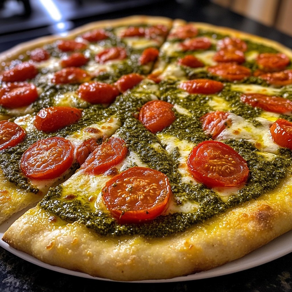 Pizza mit Pesto und Kirschtomaten